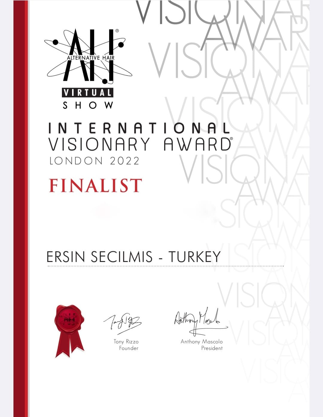 International Visionary Award 2022 finalist certificate, London